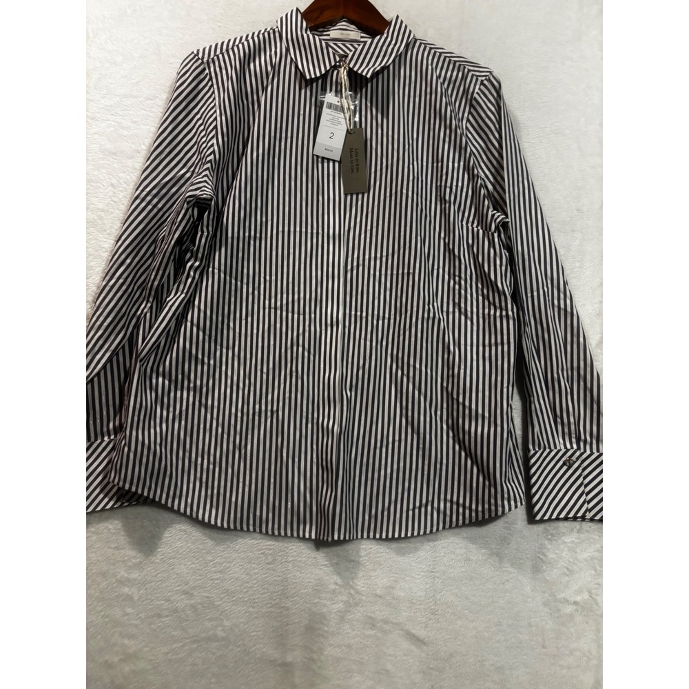 NEW Chicos Blouse Women 2 No Iron Stripe Button Down Shirt Purple Gold Metallic